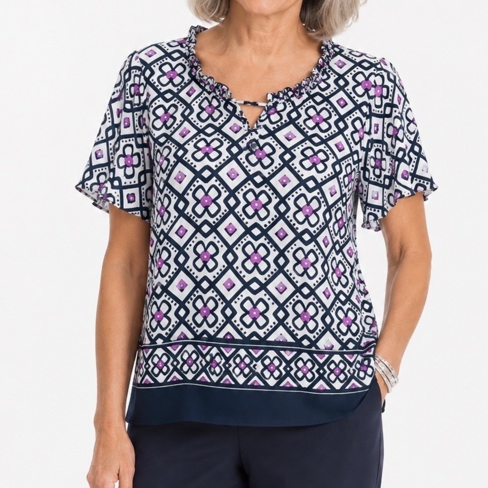 Alfred Dunner Woman 18W Navy Purple Geometric Floral Ruffle Blouse